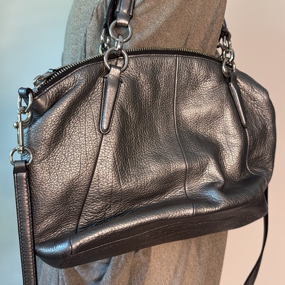 Like New Coach Kelsey Satchel Gunmetal Metallic Leather Crossbody Purse - Picture 6 of 9